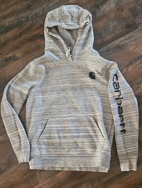 Carhartt Women's Light Heather Gray Crewneck Hoodie with Logo Sleeve